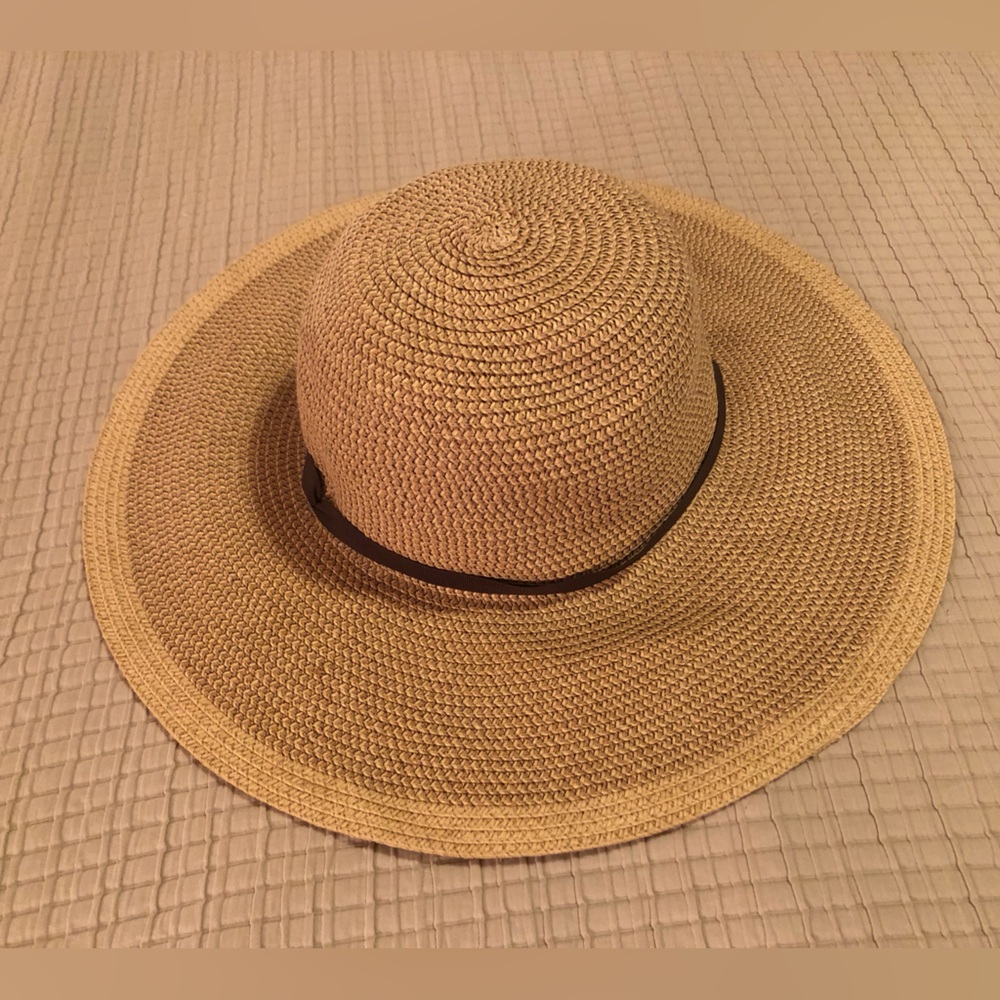 Smith & Hawken Wide Brim Straw Sun Hat with Brown Band - Natural